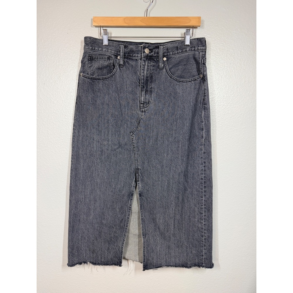 Madewell Skirt Womens 29 Black Rigid Denim A-Line Midi Front Slit Raw Hem